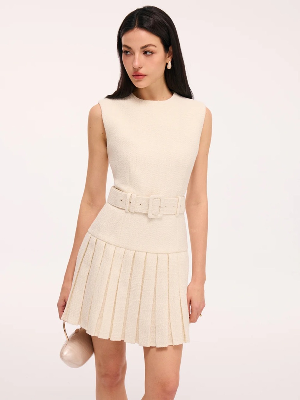 Commense Cream Sleeveless Belted Pleated Mini Dress